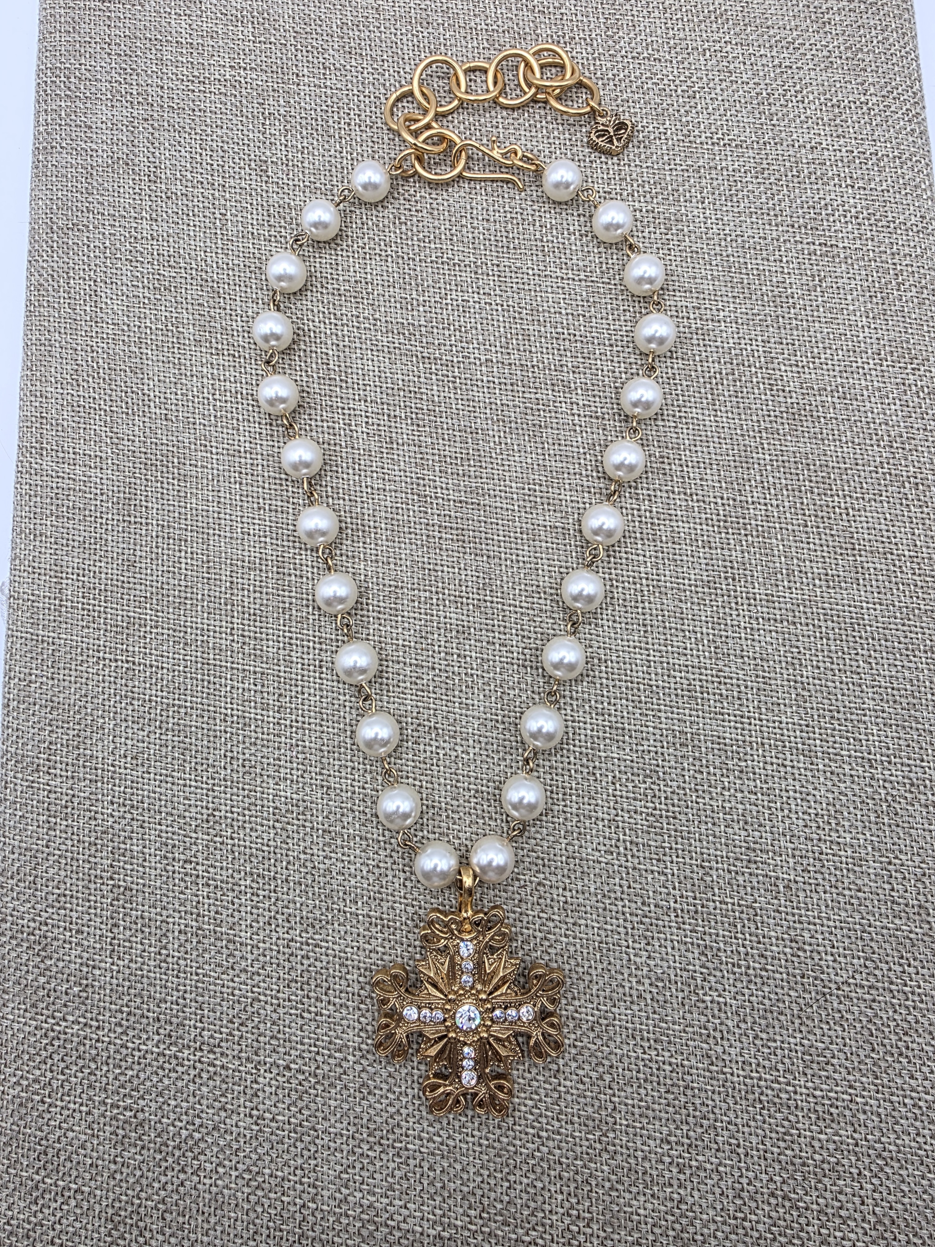 Gold Virgin, Saints And Angels Pearl Cross Pendant Necklace